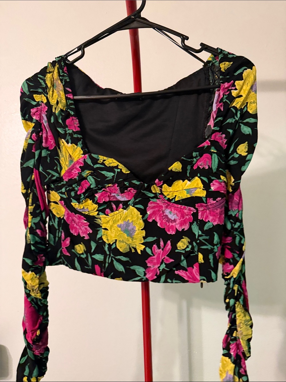 Zara Black Floral Sweetheart Crop Top with Pink & Yellow Blooms